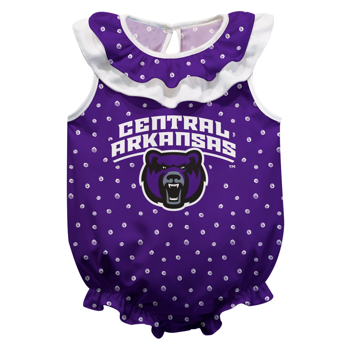 Central Arkansas Bears UCA Swirls Purple Sleeveless Ruffle One Piece Jumpsuit Logo Bodysuit by Vive La Fete