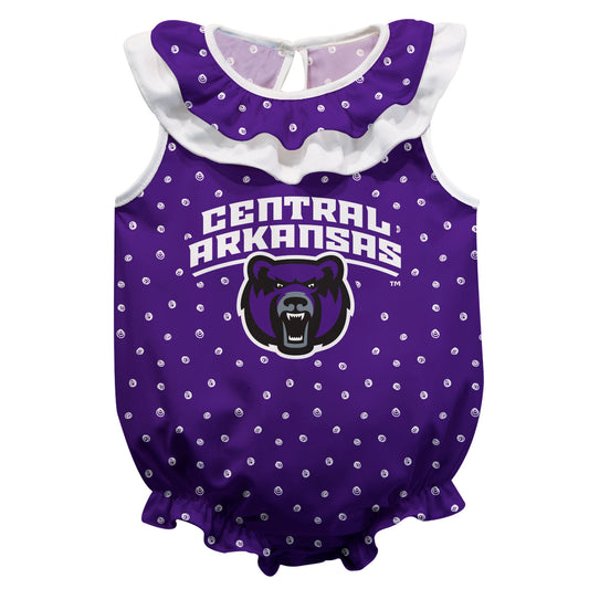 Central Arkansas Bears UCA Swirls Purple Sleeveless Ruffle One Piece Jumpsuit Logo Bodysuit by Vive La Fete