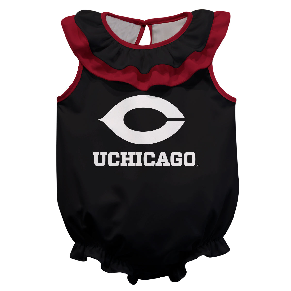 University of Chicago Maroons Black Sleeveless Ruffle One Piece Jumpsuit Mascot Bodysuit by Vive La Fete