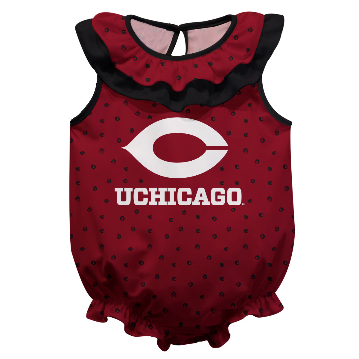 University of Chicago Maroons Swirls Maroon Sleeveless Ruffle One Piece Jumpsuit Logo Bodysuit by Vive La Fete