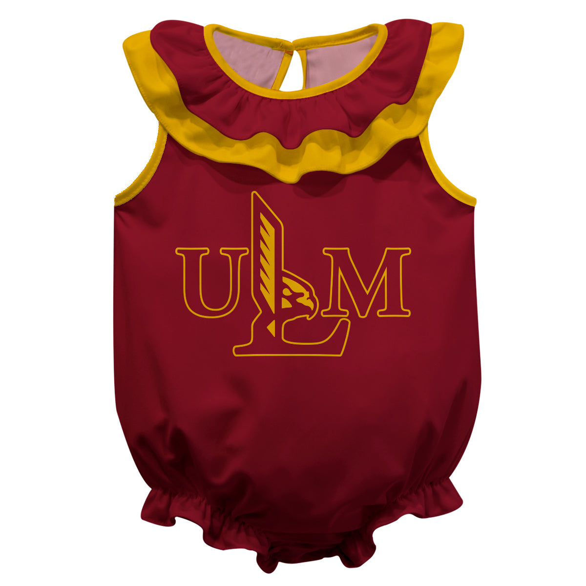 Louisiana Monroe Warhawks ULM Maroon Sleeveless Ruffle One Piece Jumpsuit Logo Bodysuit by Vive La Fete