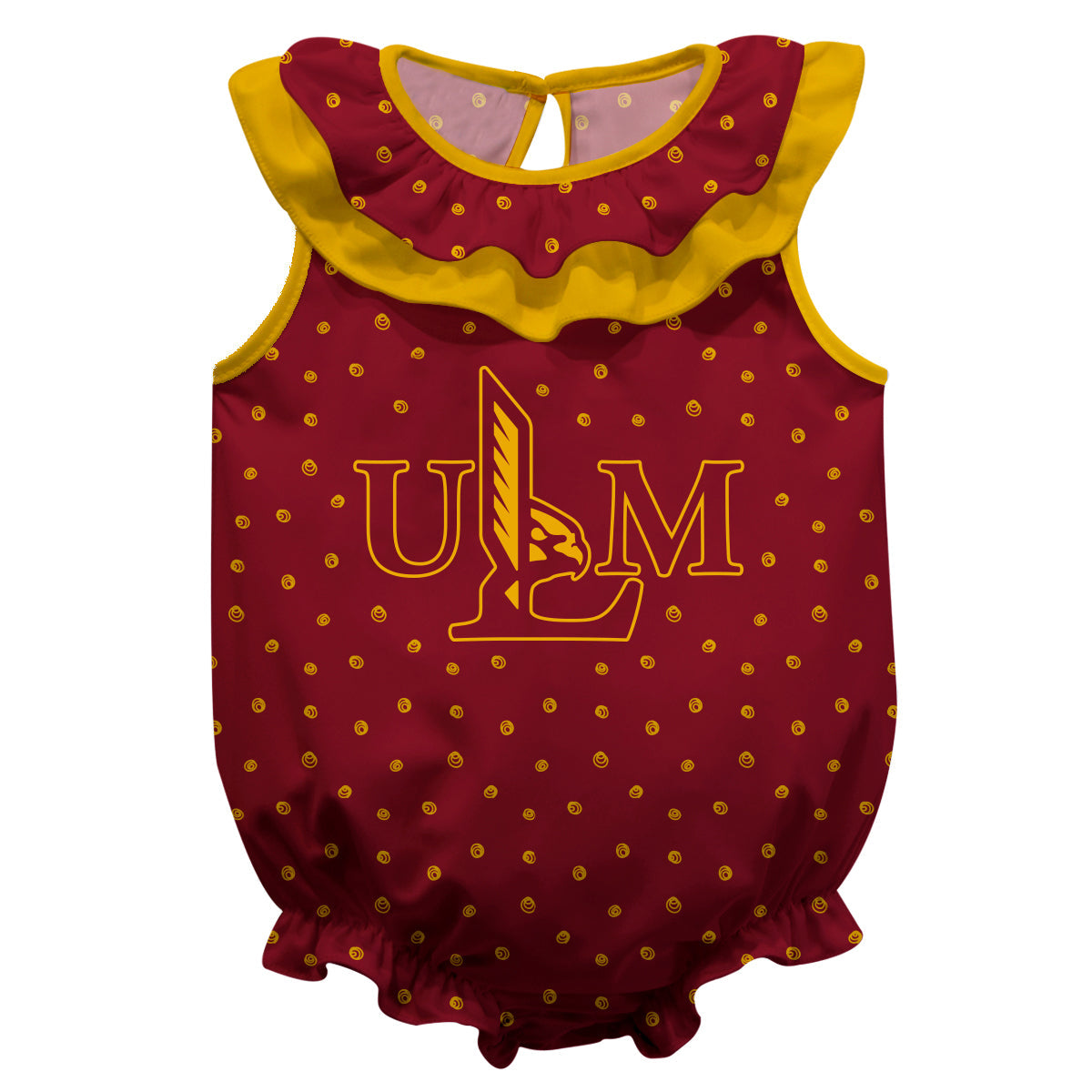 Louisiana Monroe Warhawks ULM Swirls Maroon Sleeveless Ruffle One Piece Jumpsuit Logo Bodysuit by Vive La Fete