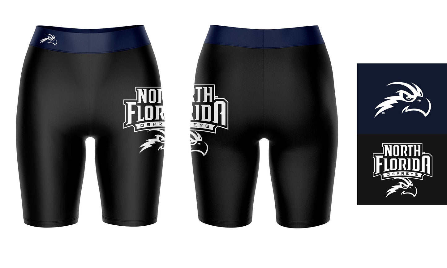 UNF Ospreys Vive La Fete Game Day Logo on Thigh and Waistband Black and Blue Women Bike Short 9 Inseam"