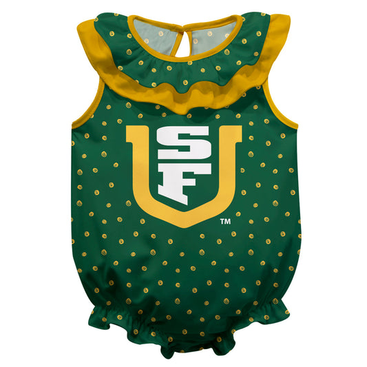 San Francisco Dons USF Swirls Green Sleeveless Ruffle One Piece Jumpsuit Logo Bodysuit by Vive La Fete