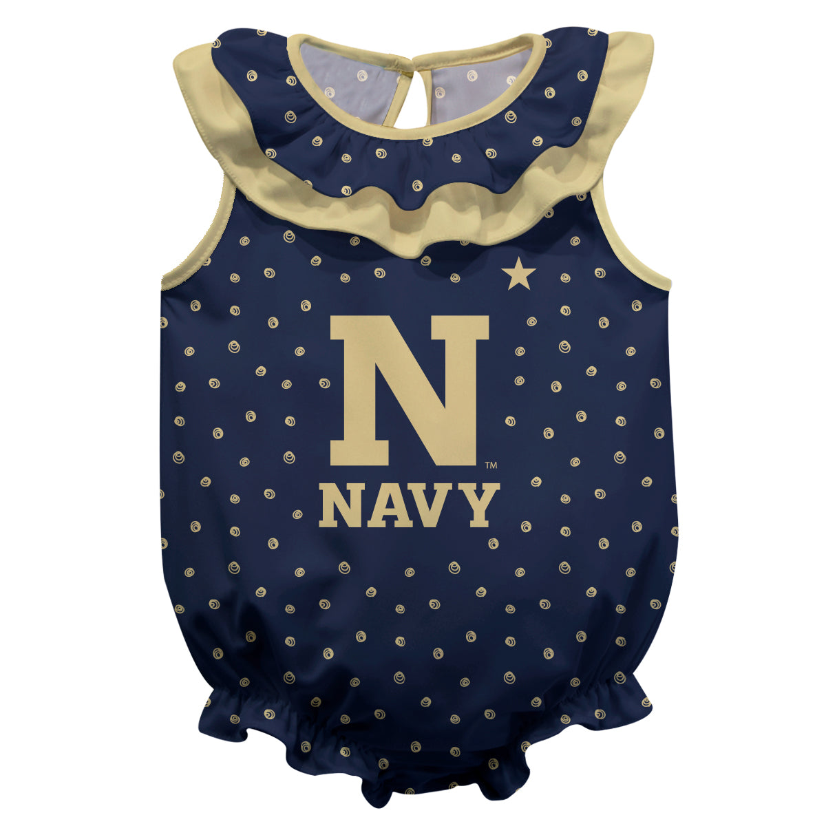US Naval Naval Academy Midshipmen Swirls Navy Sleeveless Ruffle One Piece Jumpsuit Logo Bodysuit by Vive La Fete