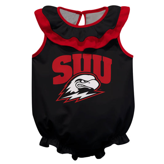 Southern Utah University Thunderbirds Black Sleeveless Ruffle One Piece Jumpsuit Logo Bodysuit by Vive La Fete