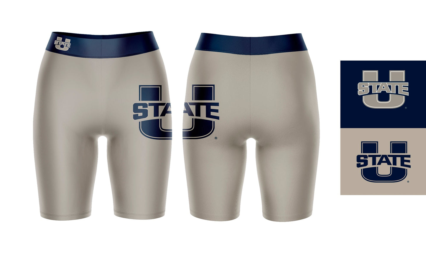 Utah State Aggies Vive La Fete Game Day Logo on Thigh and Waistband Gray and Blue Women Bike Short 9 Inseam