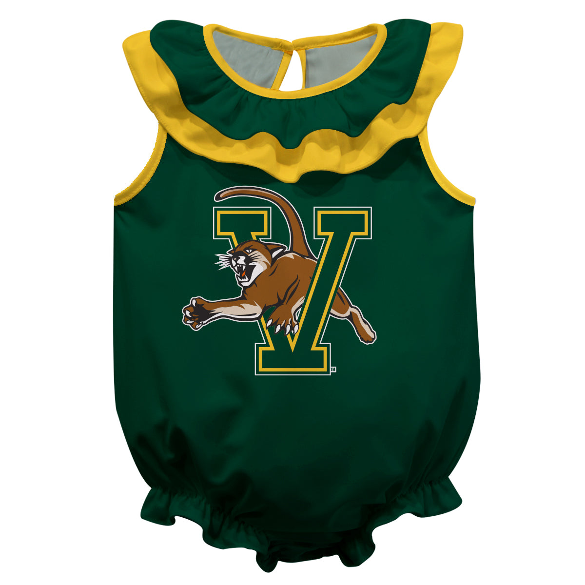 Vermont Catamounts Green Sleeveless Ruffle One Piece Jumpsuit Logo Bodysuit by Vive La Fete