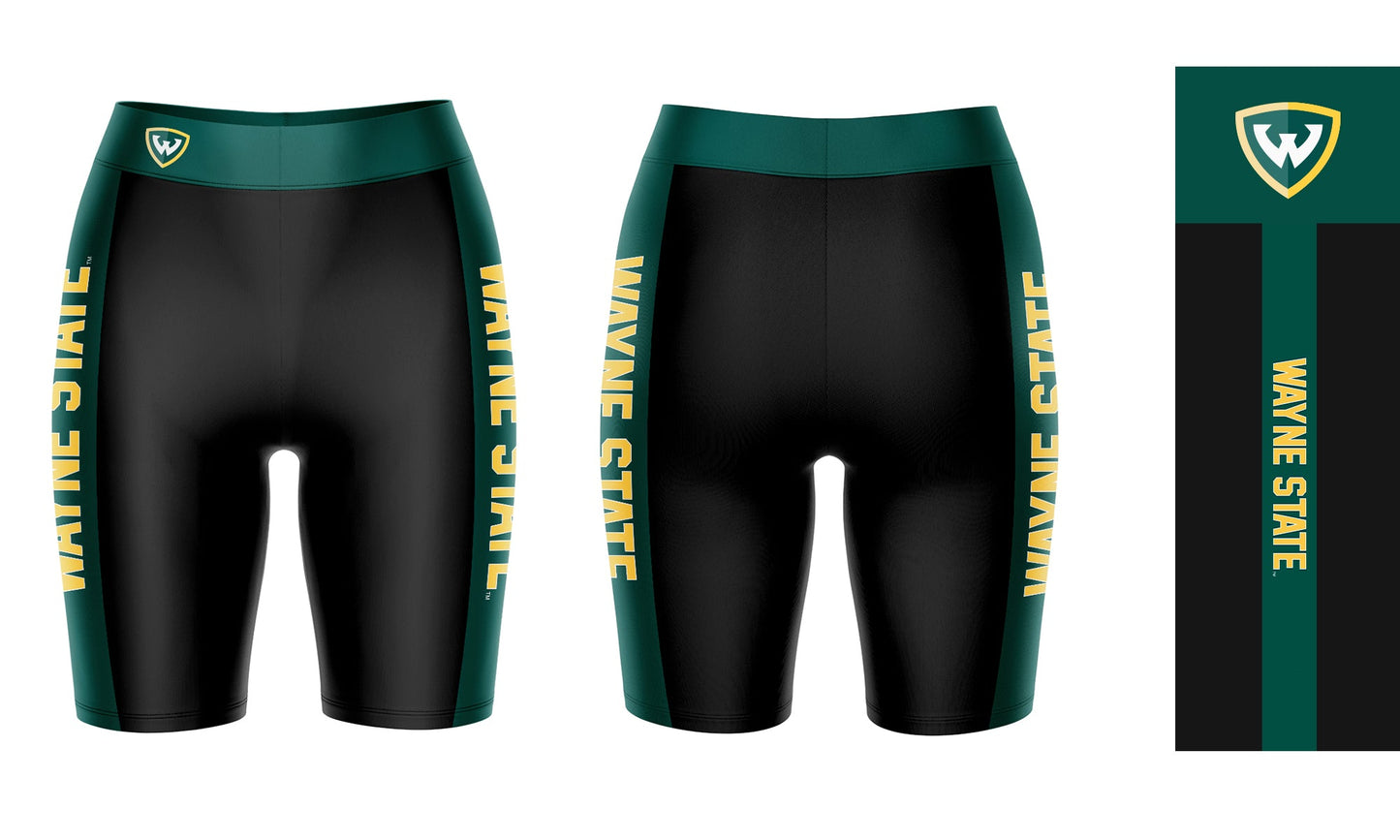 Wayne State Warriors Vive La Fete Game Day Logo on Waistband and Green Stripes Black Women Bike Short 9 Inseam