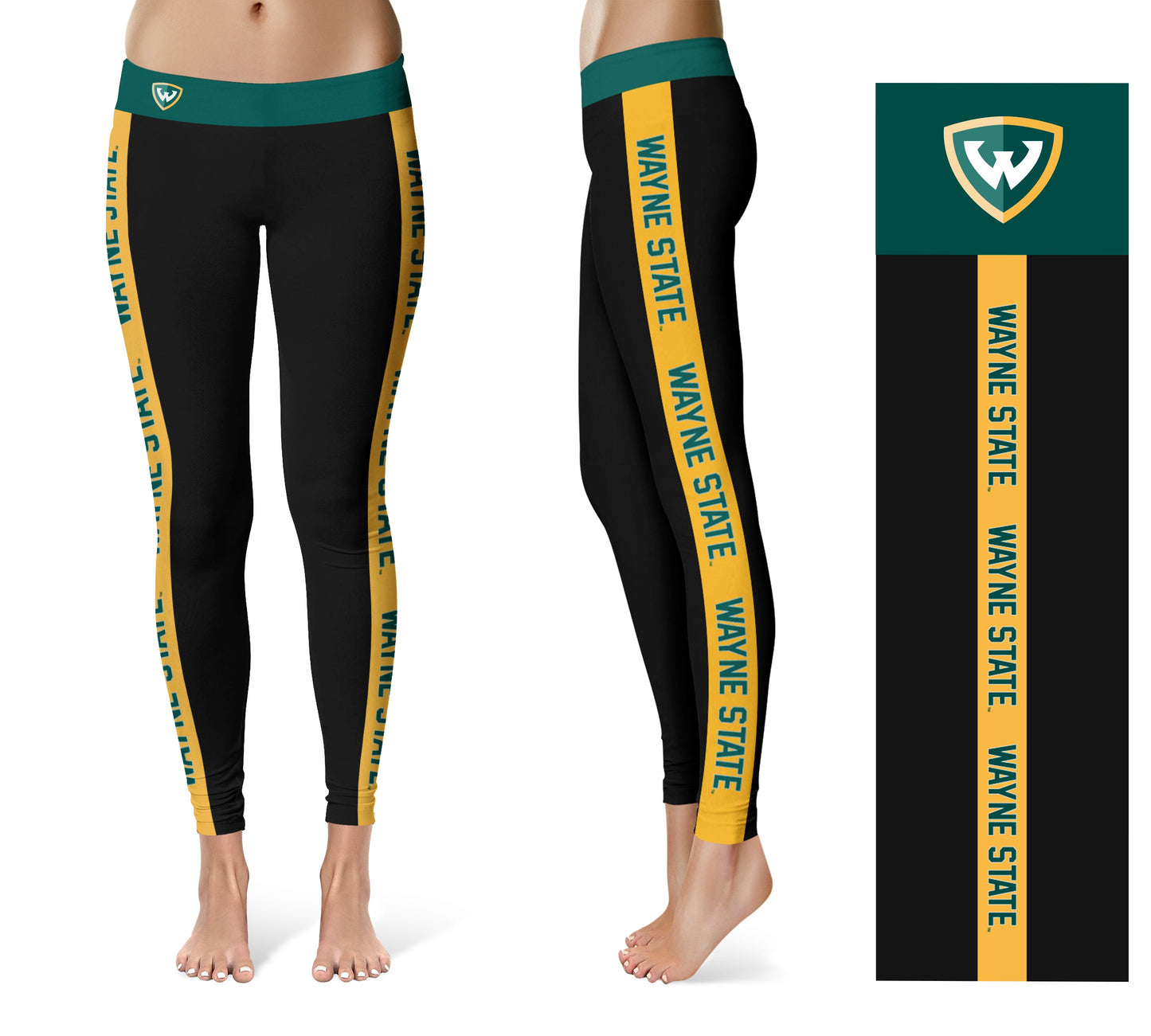 Wayne State University Warriors Vive La Fete Game Day Collegiate Gold Stripes Women Black Yoga Leggings 2 Waist Tights