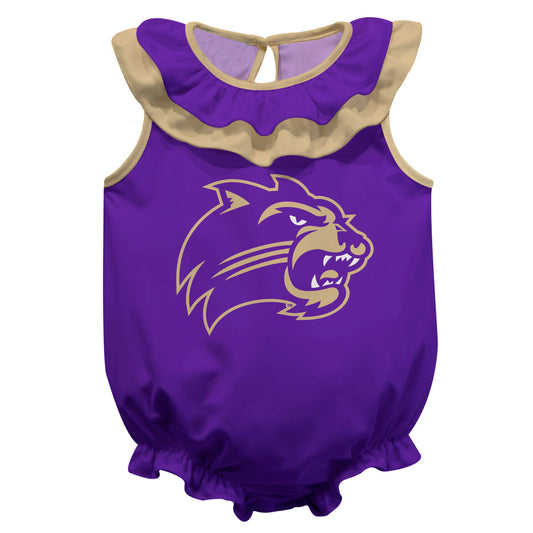 Western Carolina Catamounts Purple Sleeveless Ruffle One Piece Jumpsuit Logo Bodysuit by Vive La Fete