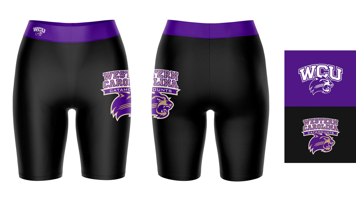 WCU Catamounts Vive La Fete Game Day Logo on Thigh and Waistband Black and Purple Women Bike Short 9 Inseam"