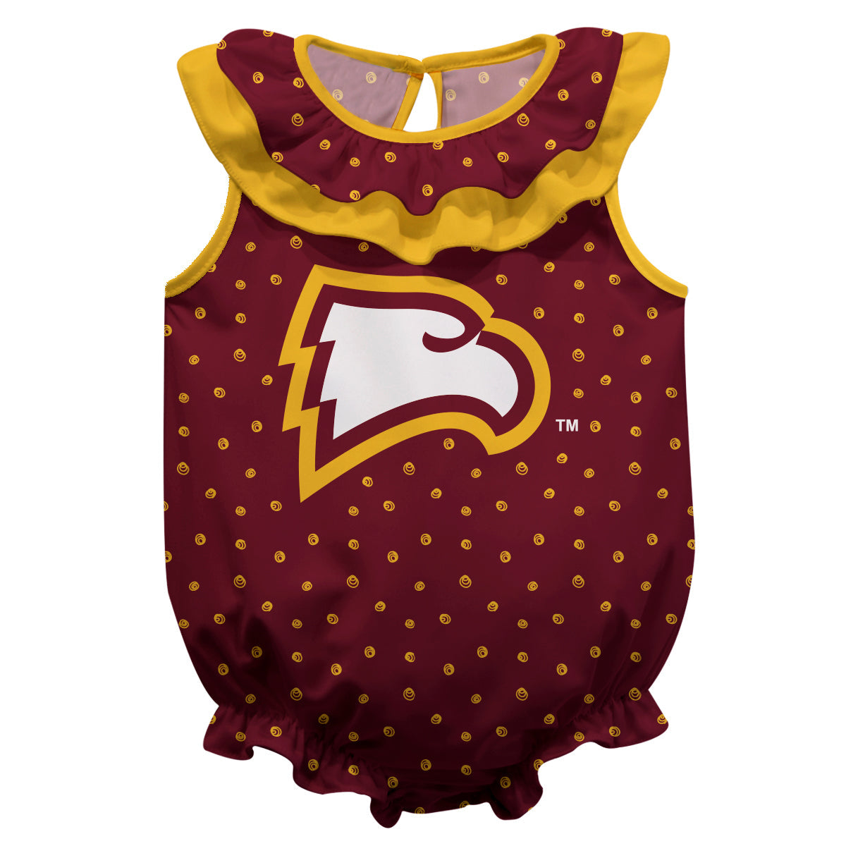 Winthrop University Eagles Swirls Maroon Sleeveless Ruffle One Piece Jumpsuit Logo Bodysuit by Vive La Fete