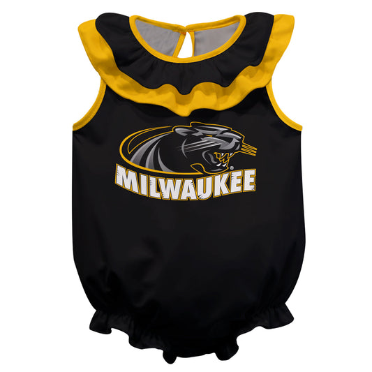 Wisconsin Milwaukee Panthers Black Sleeveless Ruffle One Piece Jumpsuit Mascot Bodysuit by Vive La Fete