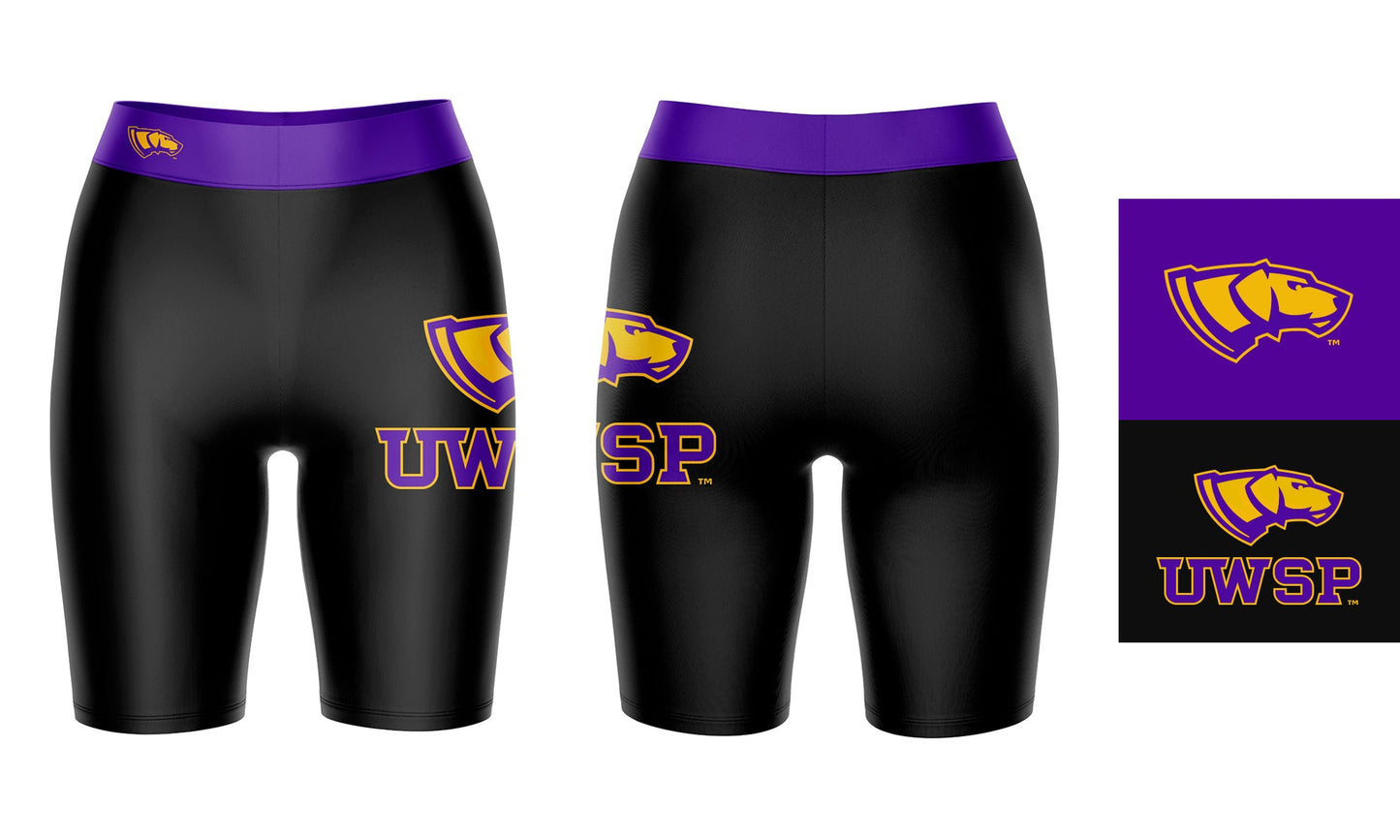 UW-Stevens Point Pointers UWSP Vive La Fete Logo on Thigh and Waistband Black and Purple Women Bike Short 9 Inseam