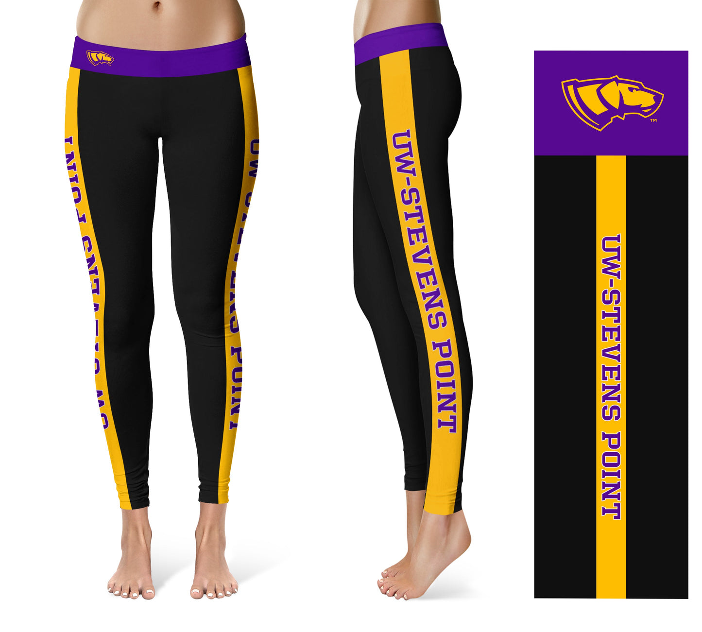 UW-Stevens Point Pointers UWSP Vive La Fete Game Day Collegiate Gold Stripes Women Black Yoga Leggings 2 Waist Tights