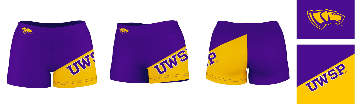 UW-Stevens Point Pointers Vive La Fete Game Day Collegiate Leg Color Block Women Purple Gold Optimum Yoga Short - Vive La F̻te - Online Apparel Store