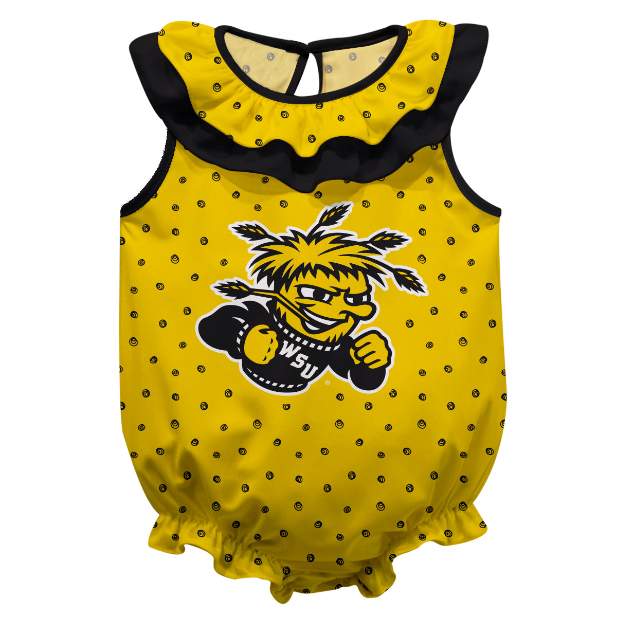 Wichita State Shockers WSU Swirls Gold Sleeveless Ruffle One Piece Jumpsuit Logo Bodysuit by Vive La Fete