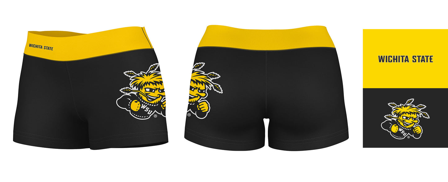 Wichita State Shockers WSU Vive La Fete Logo on Thigh and Waistband Black & Gold Women Booty Workout Shorts 3.75 Inseam" - Vive La F̻te - Online Apparel Store