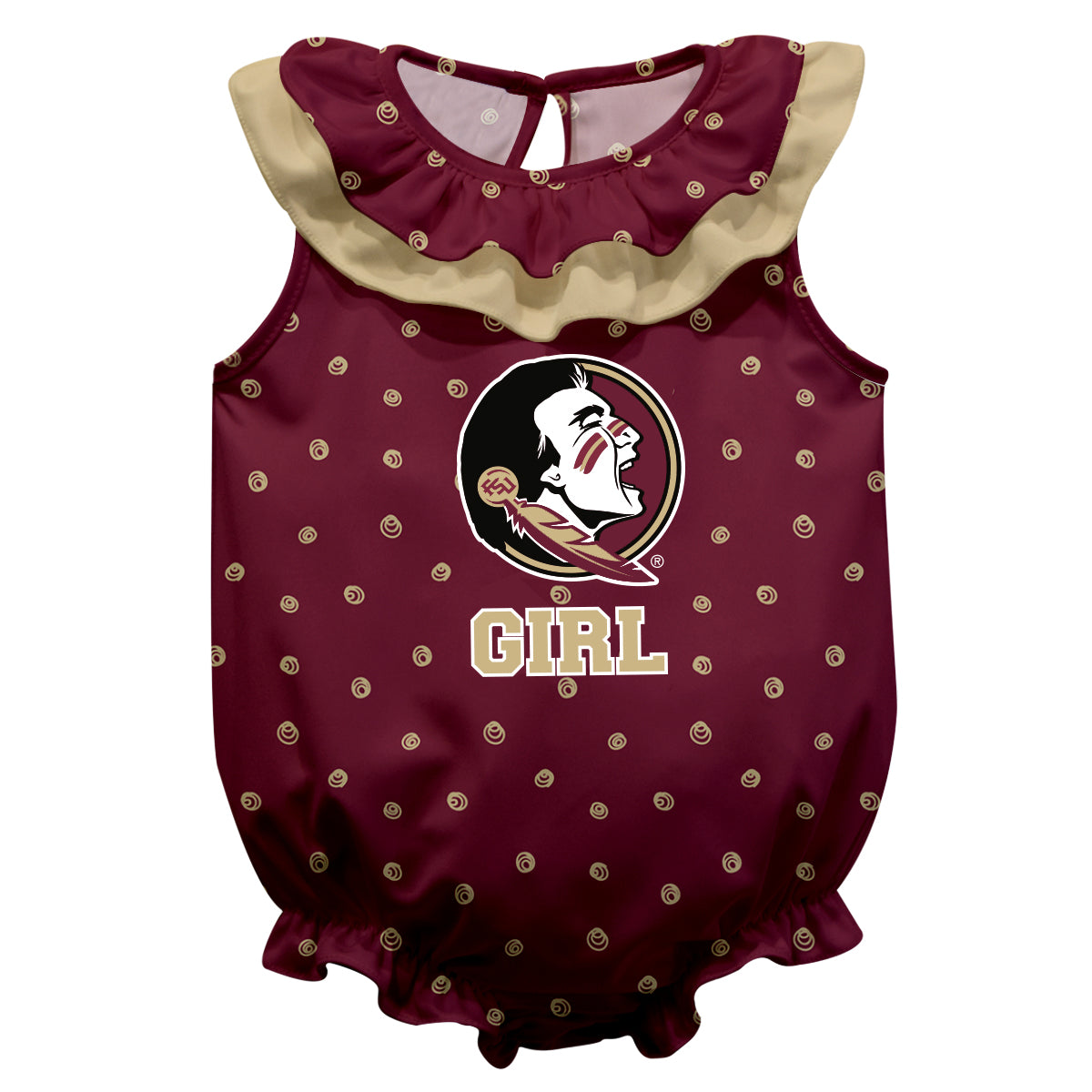 Florida State Swirls Garnet Girls Sleeveless One Piece Jumpsuit by Vive La Fete