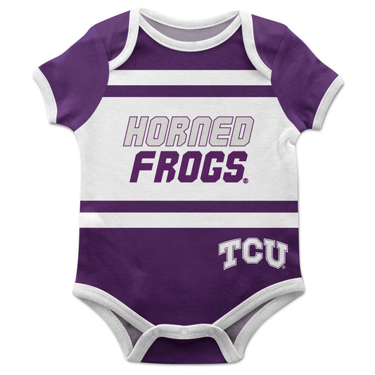 TCU Horned Frogs Block Stripe Purple Short Sleeve One Piece Jumpsuit by Vive La Fete