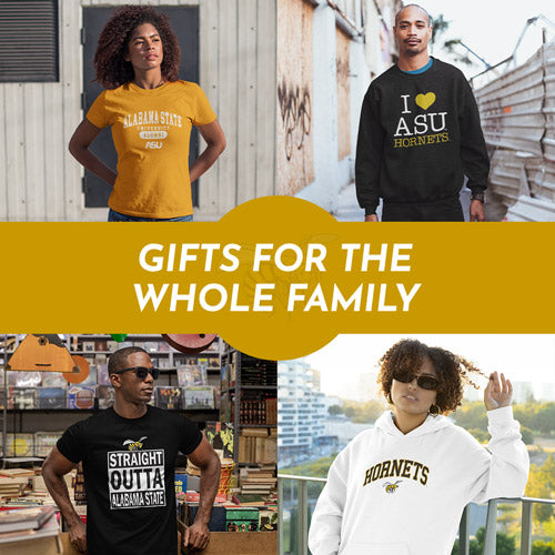 Gifts for the Whole Family. People wearing apparel from ASU Alabama State University Hornets Apparel - Official Team Gear - Mobile Banner