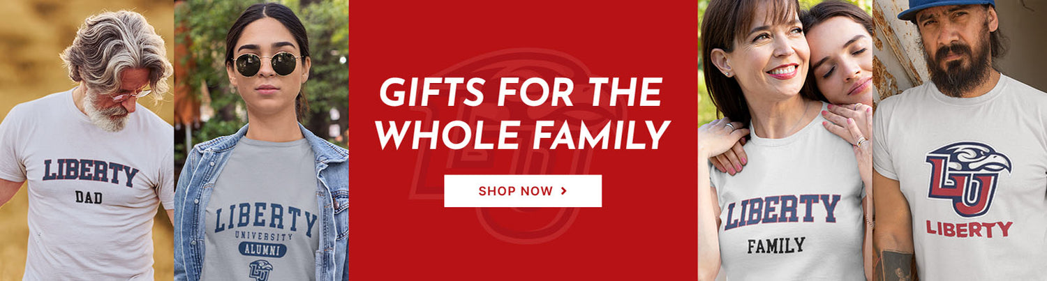 Gifts for the whole family. People wearing apparel from Liberty University Flames