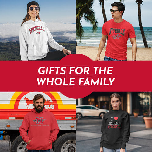 Gifts for the Whole Family. People wearing apparel from Nicholls State University Colonels Apparel – Official Team Gear - Mobile Banner