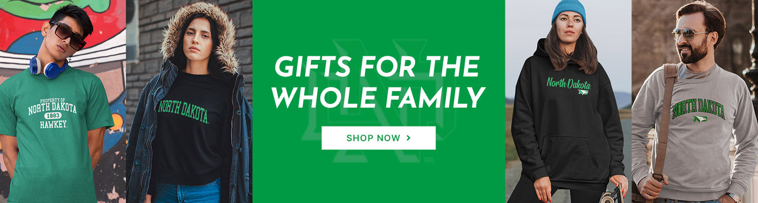 Gifts for the Whole Family. People wearing apparel from UND University of North Dakota Fighting Hawks
