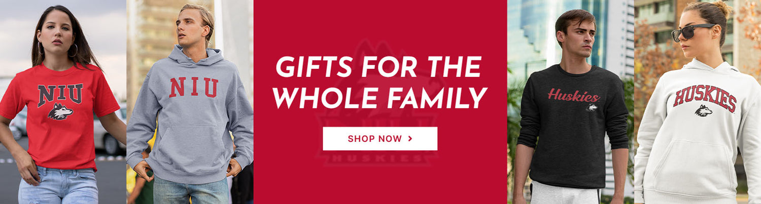Gifts for the whole family. People wearing apparel from NIU Northern Illinois University Huskies