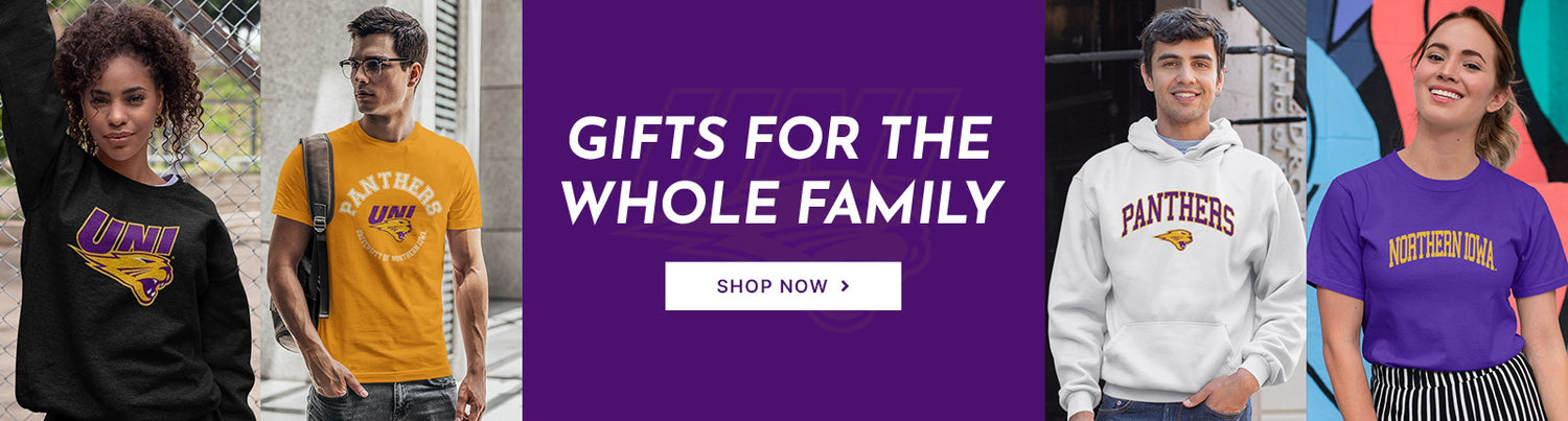 Gifts for the Whole Family. People wearing apparel from UNI University of Northern Iowa Panthers