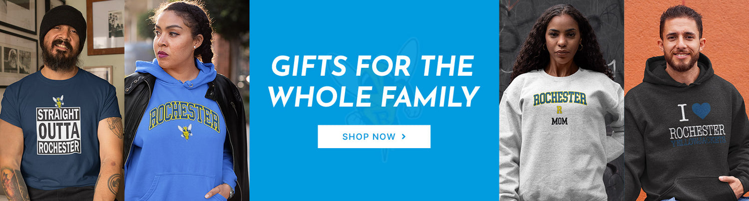 Gifts for the Whole Family. People wearing apparel from University of Rochester Yellowjackets