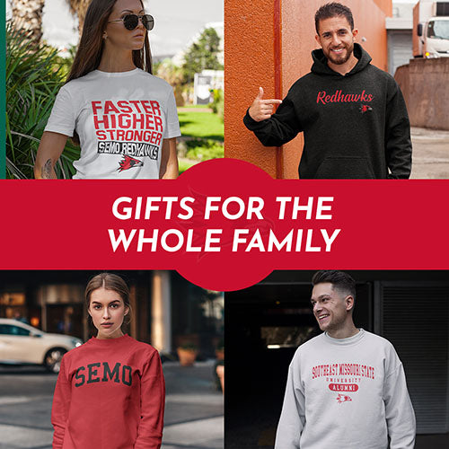 Gifts for the whole family. People wearing apparel from SEMO Southeast Missouri State University Redhawks Apparel – Official Team Gear - Mobile Banner