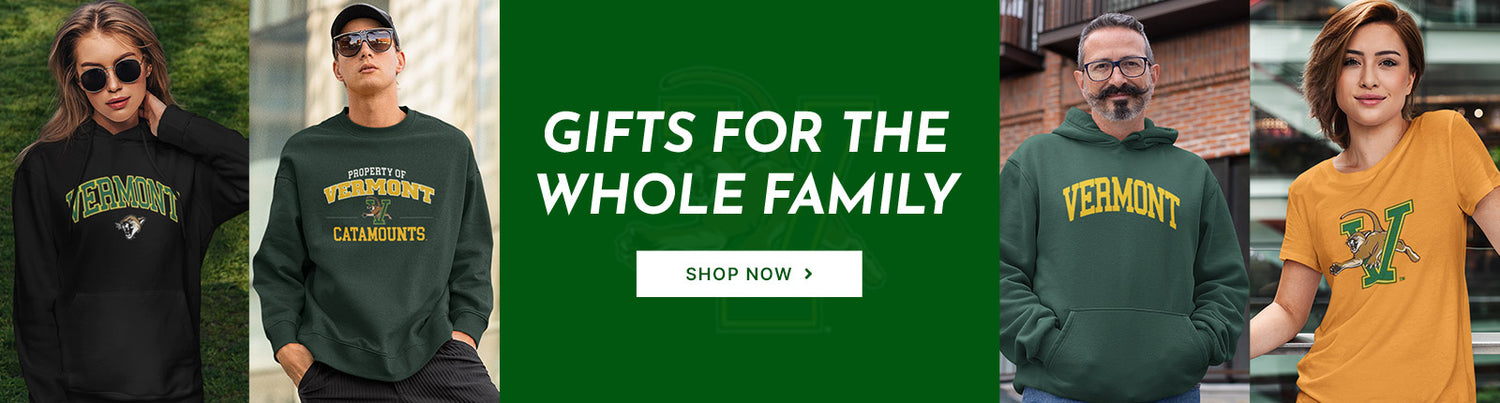 Gifts for the whole family. People wearing apparel from UVM University of Vermont Catamounts