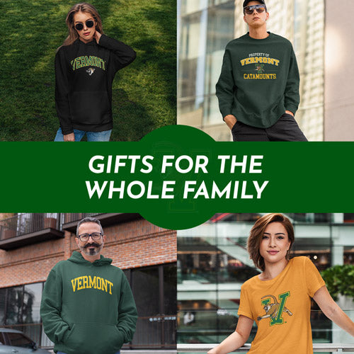 Gifts for the Whole Family. People wearing apparel from UVM University of Vermont Catamounts - Mobile Banner