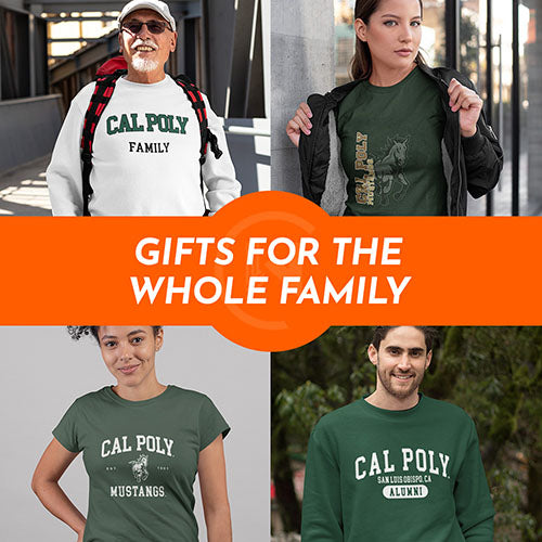 Gifts for the whole family. People wearing apparel from California Polytechnic State University SLO Mustangs - Mobile Banner