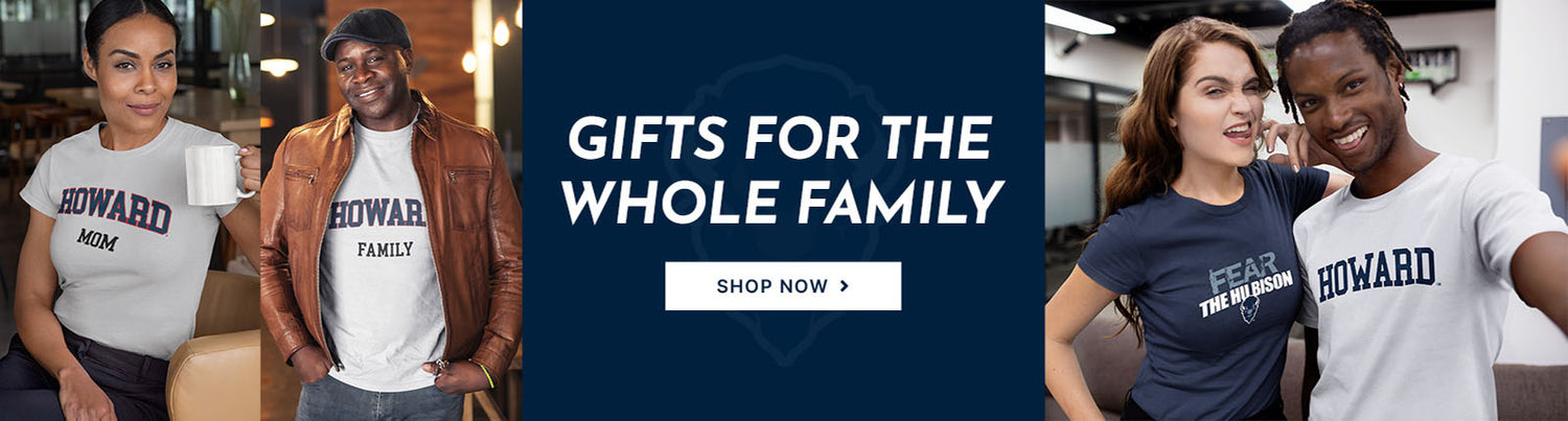 Gifts for the whole family. People wearing apparel from Howard University Bison
