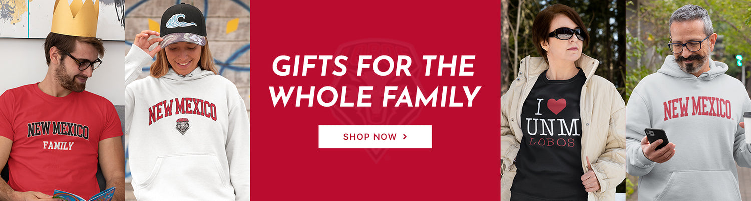 Gifts for the whole family. People wearing apparel from University of New Mexico Lobos