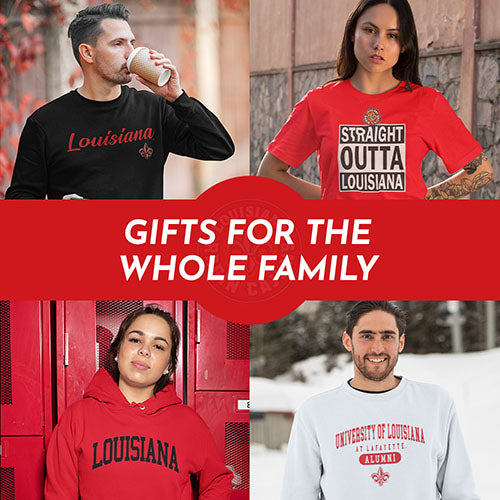 Gifts for the whole family. People wearing apparel from University of Louisiana at Lafayette Ragin Cajuns - Mobile Banner