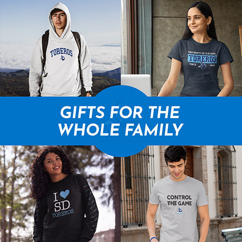 Gifts for the whole family. People wearing apparel from USD University of San Diego Toreros Apparel – Official Team Gear - Mobile Banner