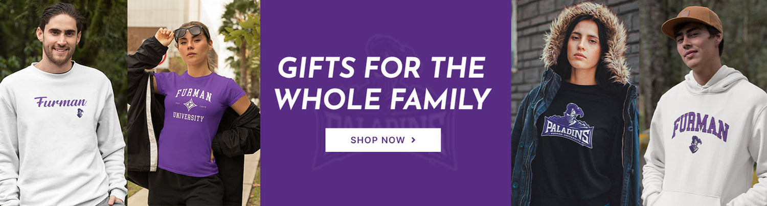 Gifts for the whole family. People wearing apparel from Furman University Paladins