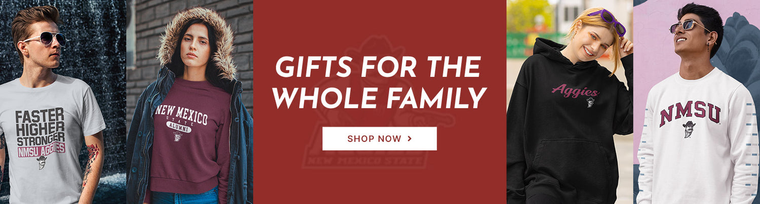 Gifts for the whole family. People wearing apparel from NMSU New Mexico State University Aggies