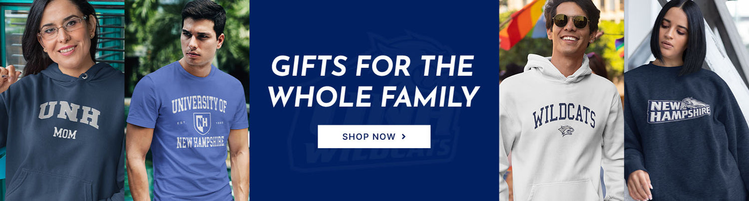 Gifts for the whole family. People wearing apparel from UNH University of New Hampshire Wildcats Apparel – Official Team Gear