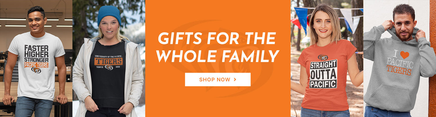 Gifts for the Whole Family. People wearing apparel from University of the Pacific Tigers
