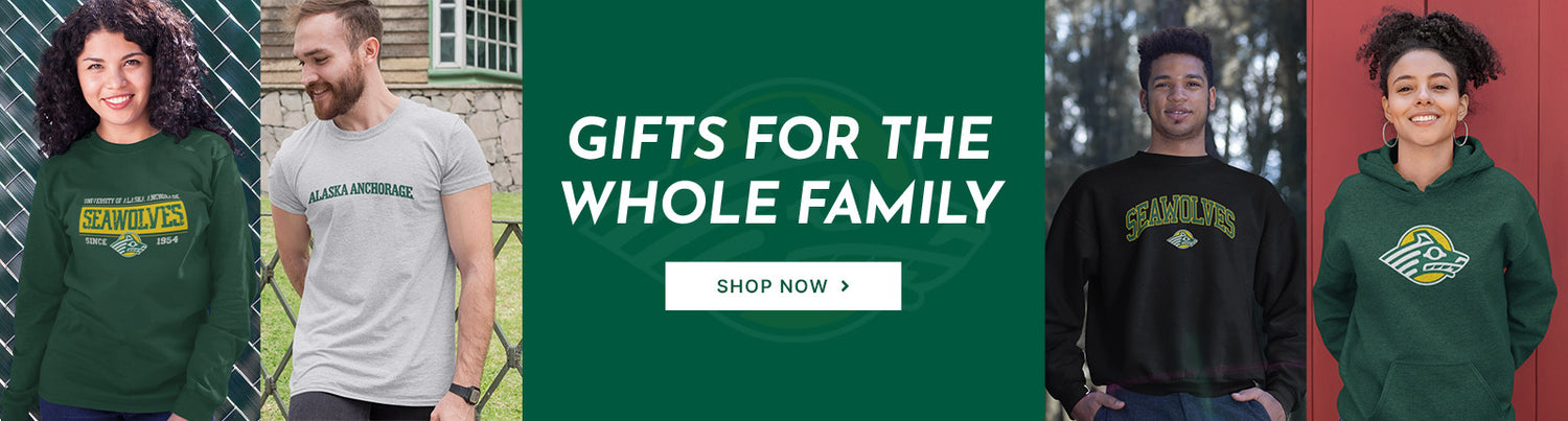 Gifts for the Whole Family. People wearing apparel from UAA University of Alaska Anchorage Sea Wolves