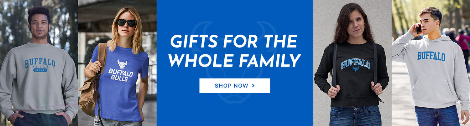 Gifts for the Whole Family. People wearing apparel from SUNY University at Buffalo Bulls
