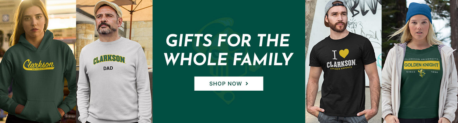 Gifts for the Whole Family. People wearing apparel from Clarkson University Golden Knights