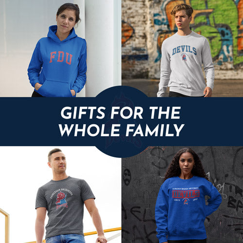 Gifts for the Whole Family. People wearing apparel from FDU Fairleigh Dickinson University Devils - Mobile Banner