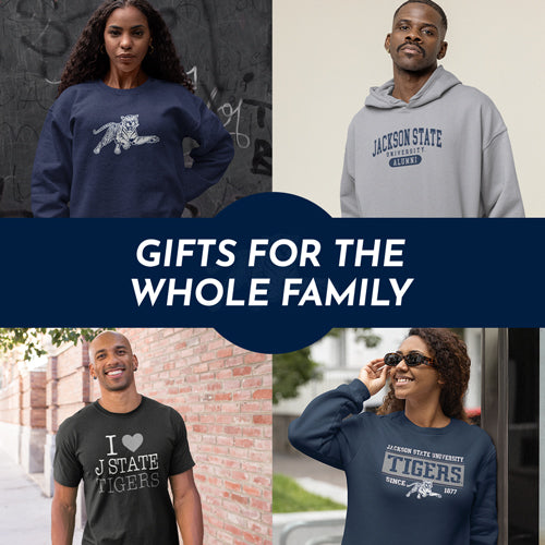 Gifts for the whole family. People wearing apparel from JSU Jackson State University Tigers Apparel – Official Team Gear - Mobile Banner