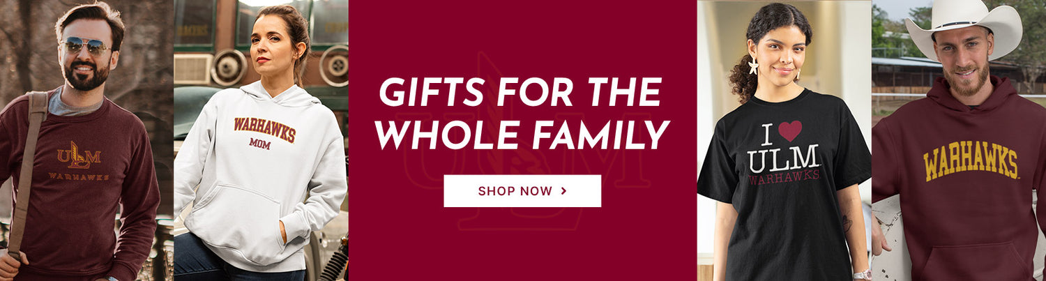 Gifts for the Whole Family. People wearing apparel from ULM University of Louisiana Monroe Warhawks